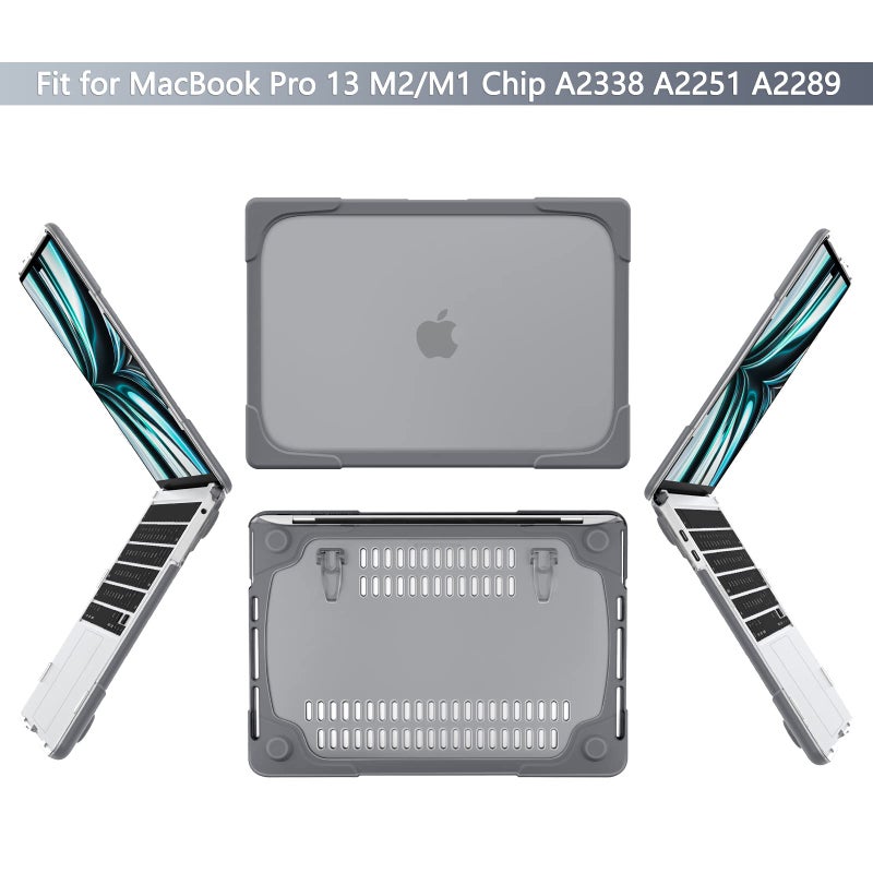 Batianda Heavy Duty Case for MacBook Pro 13 inch 2022 2020 Release A2338 M2 M1 A2289 A2251, Ergonomic Foldable Kickstand (Holds 22lbs) Matte Translucent Shockproof Cover with Spare Parts, Grey - Image 2